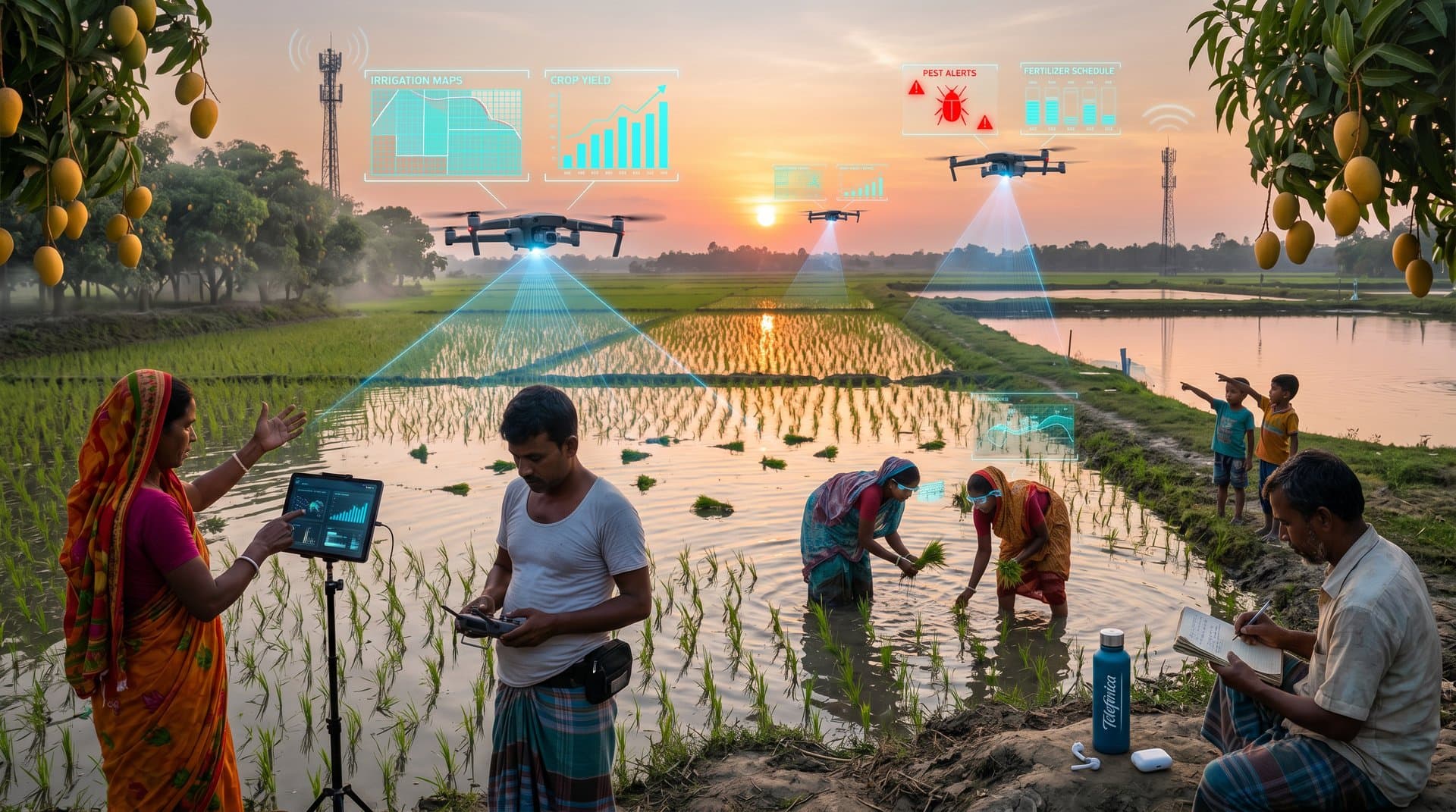 Drones over Jessore rice paddies with AI decision interfaces, blending Bangladesh agriculture and telecom tech