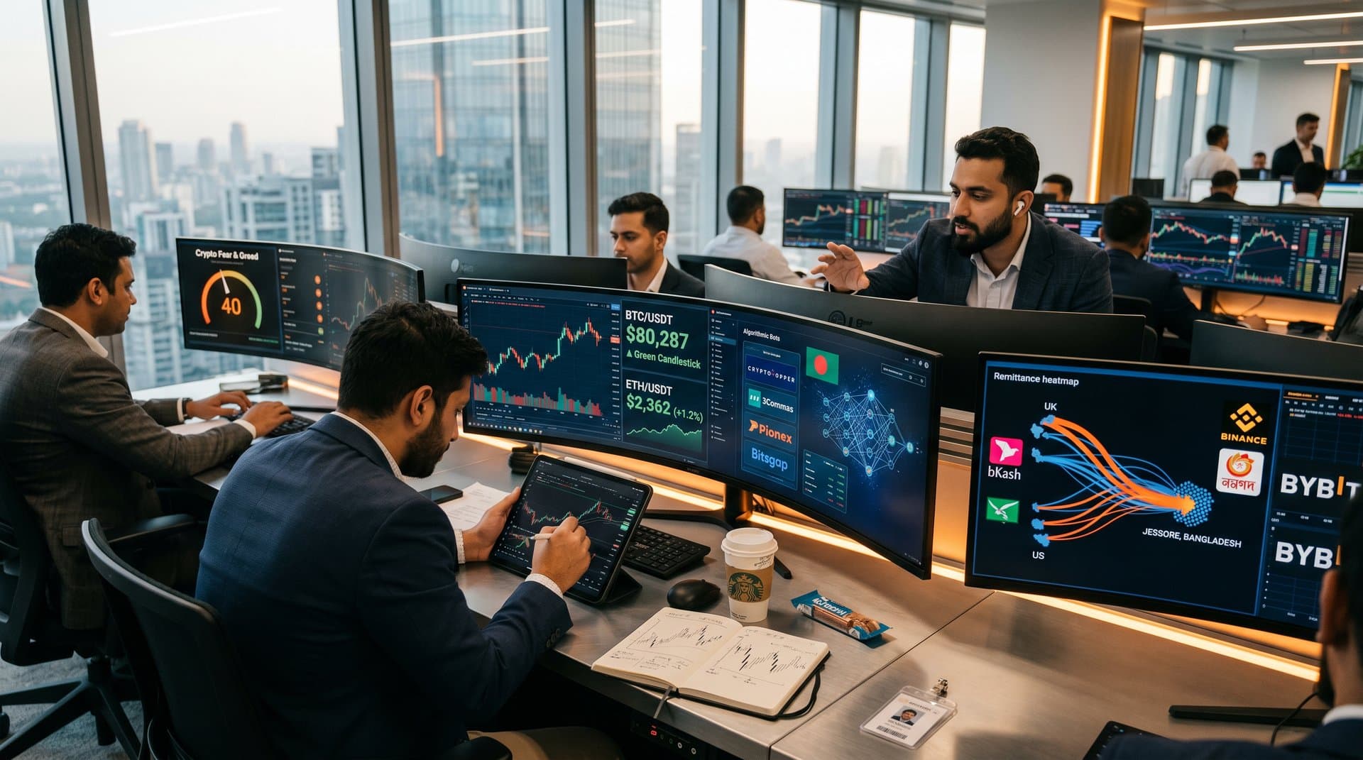AI crypto trading bot dashboard with BTC $80,287 charts, Fear & Greed 40, Jessore remittance maps
