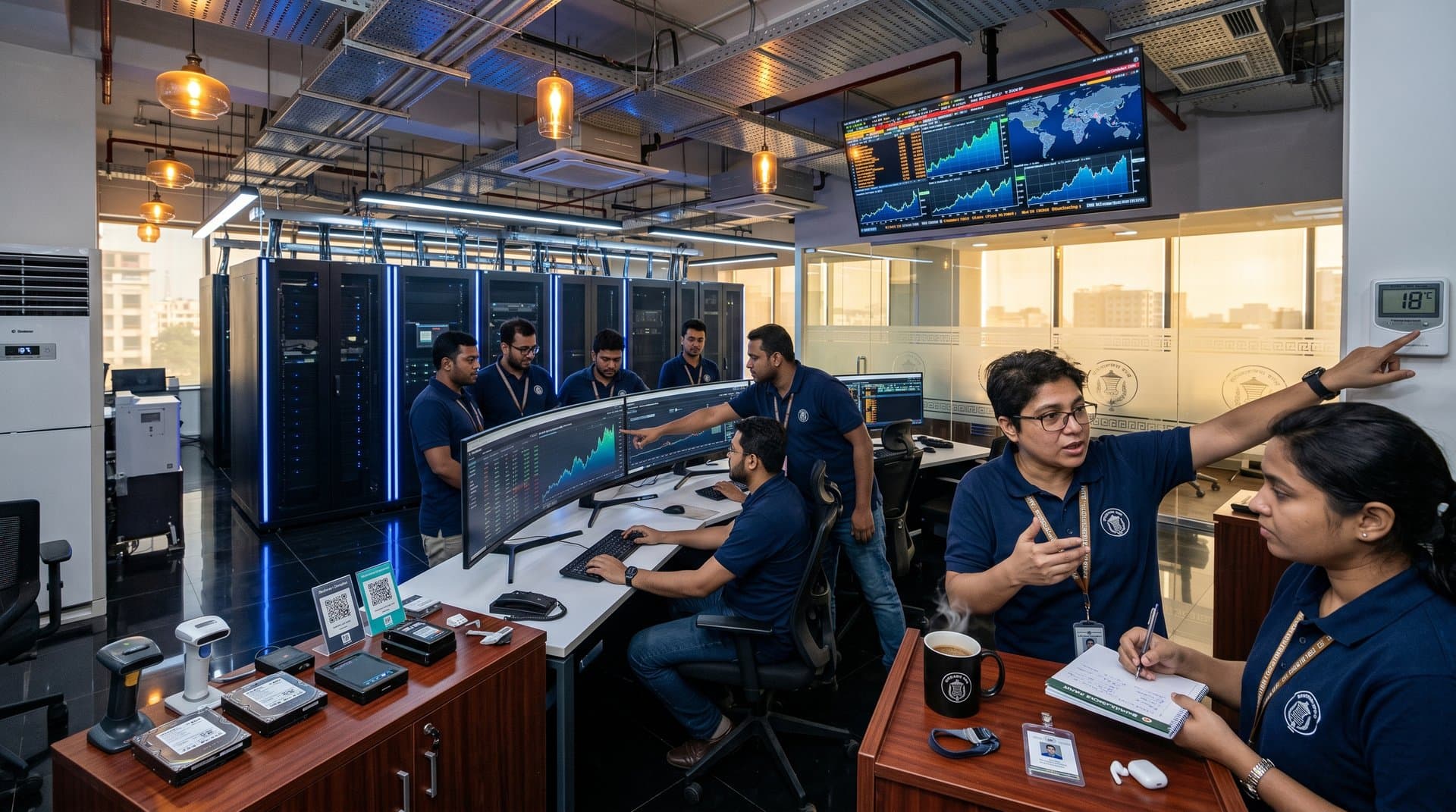 Blockchain dashboards glow in Bangladesh Bank data center showing Digital Taka pilot metrics and remittance flows