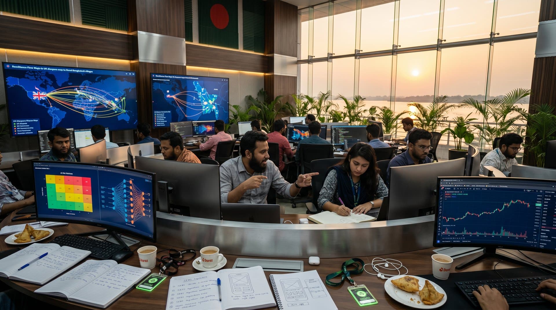 Developers in Jessore tech hub analyze SEBI AI risks and Bitcoin charts on screens amid remittance maps and local innovation vibes