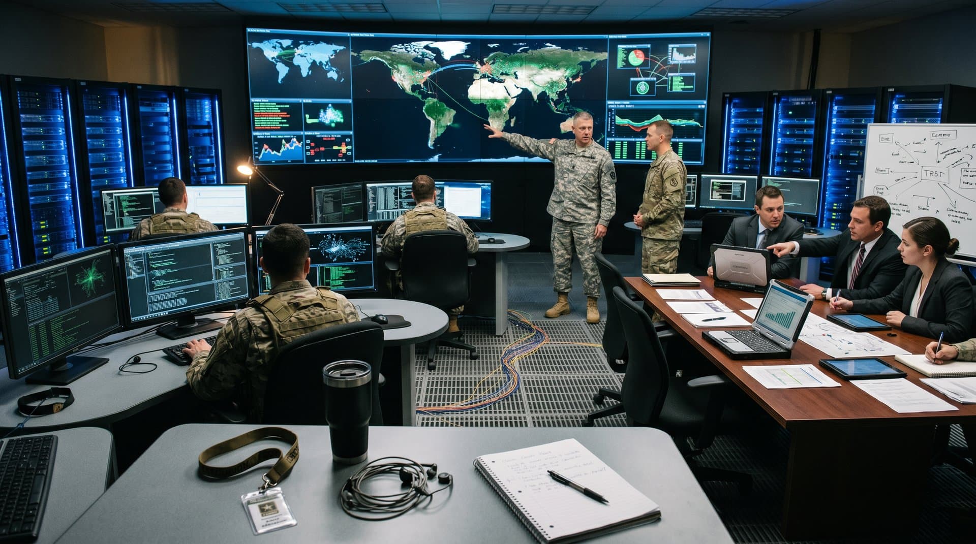 US Army officers and industry executives analyze AI cyber threat simulations on multi-monitor setups in high-tech operations center