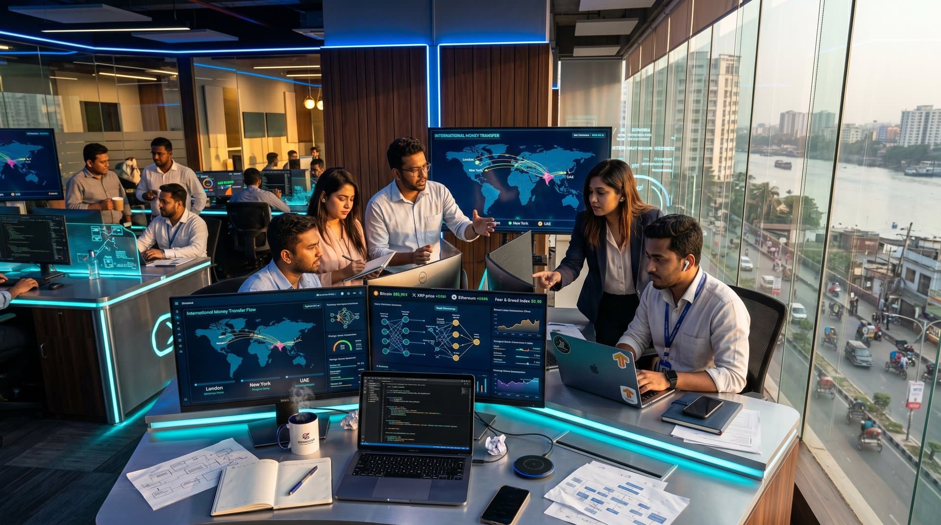Dhaka fintech office with AI remittance dashboards, bKash screens, crypto charts, and transaction flow projections in modern workspace