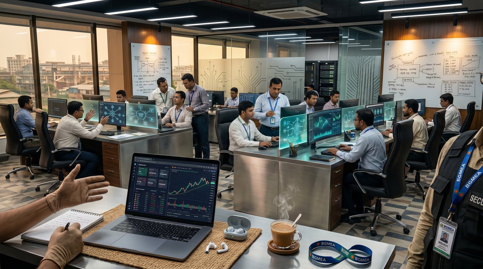 AI training simulations in Jessore tax-garment office with skill paths, crypto charts, and Bangladeshi elements in modern workspace