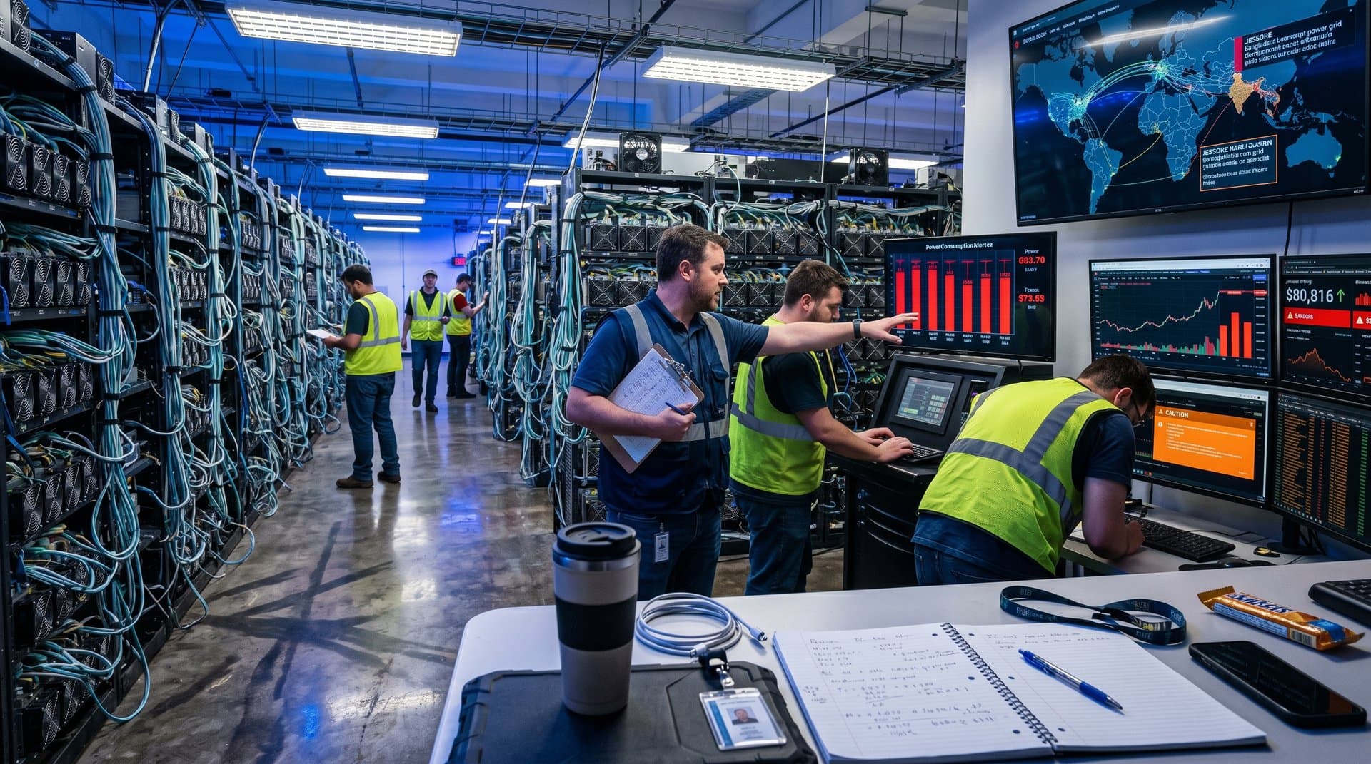 Crypto mining data center with power overload alerts and Bangladesh power crisis map overlay