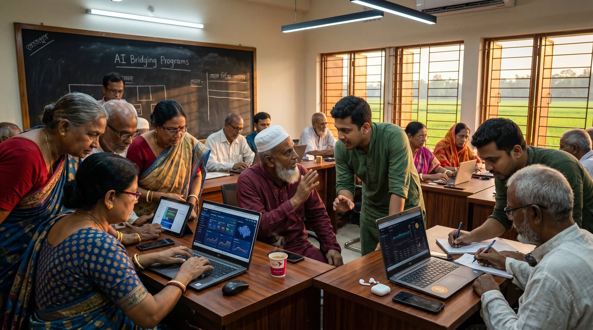 Jessore seniors learning AI and tracking BTC prices on laptops in community center