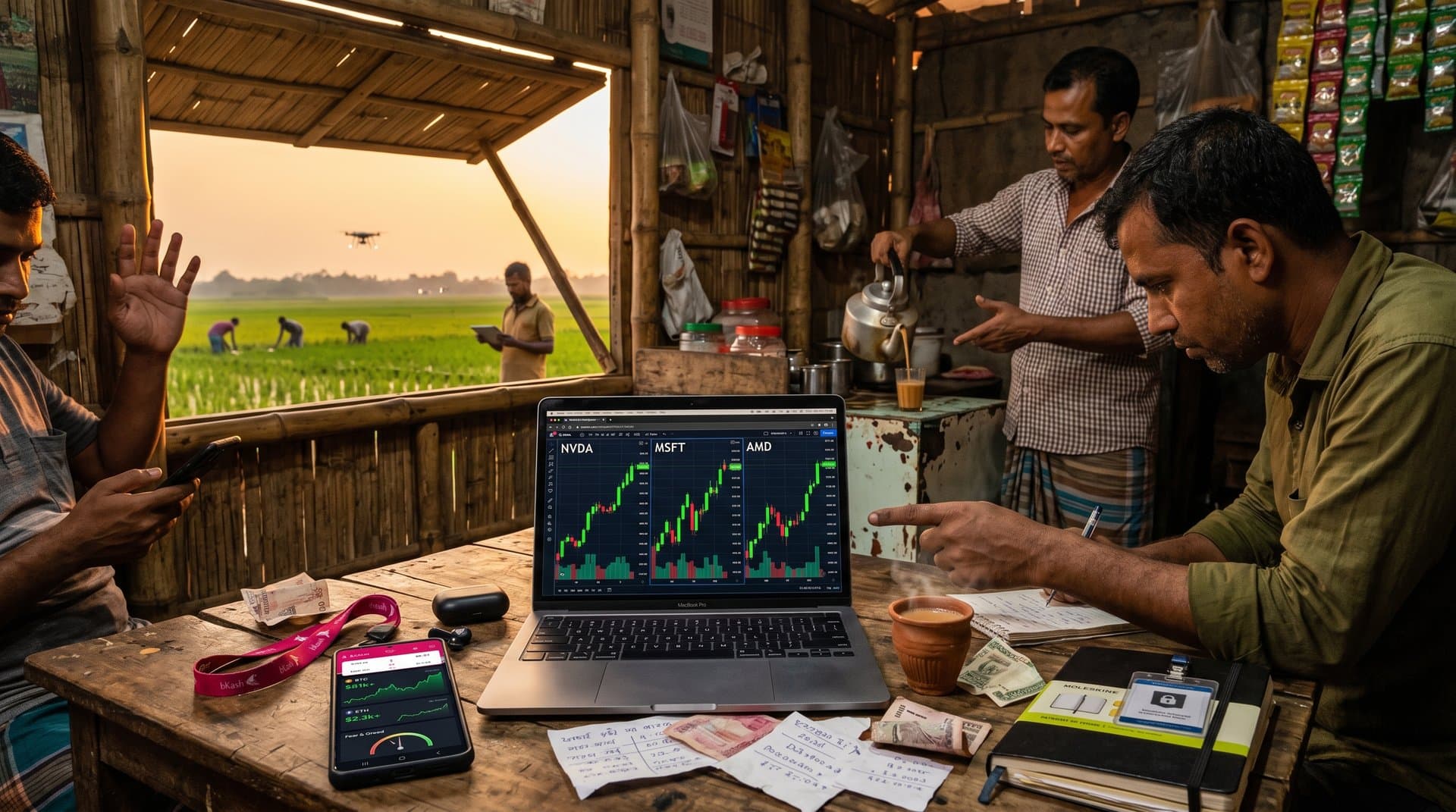 Laptop in Jessore stall shows Nasdaq AI charts, Bitcoin $81K, with bKash app and drone-viewed fields