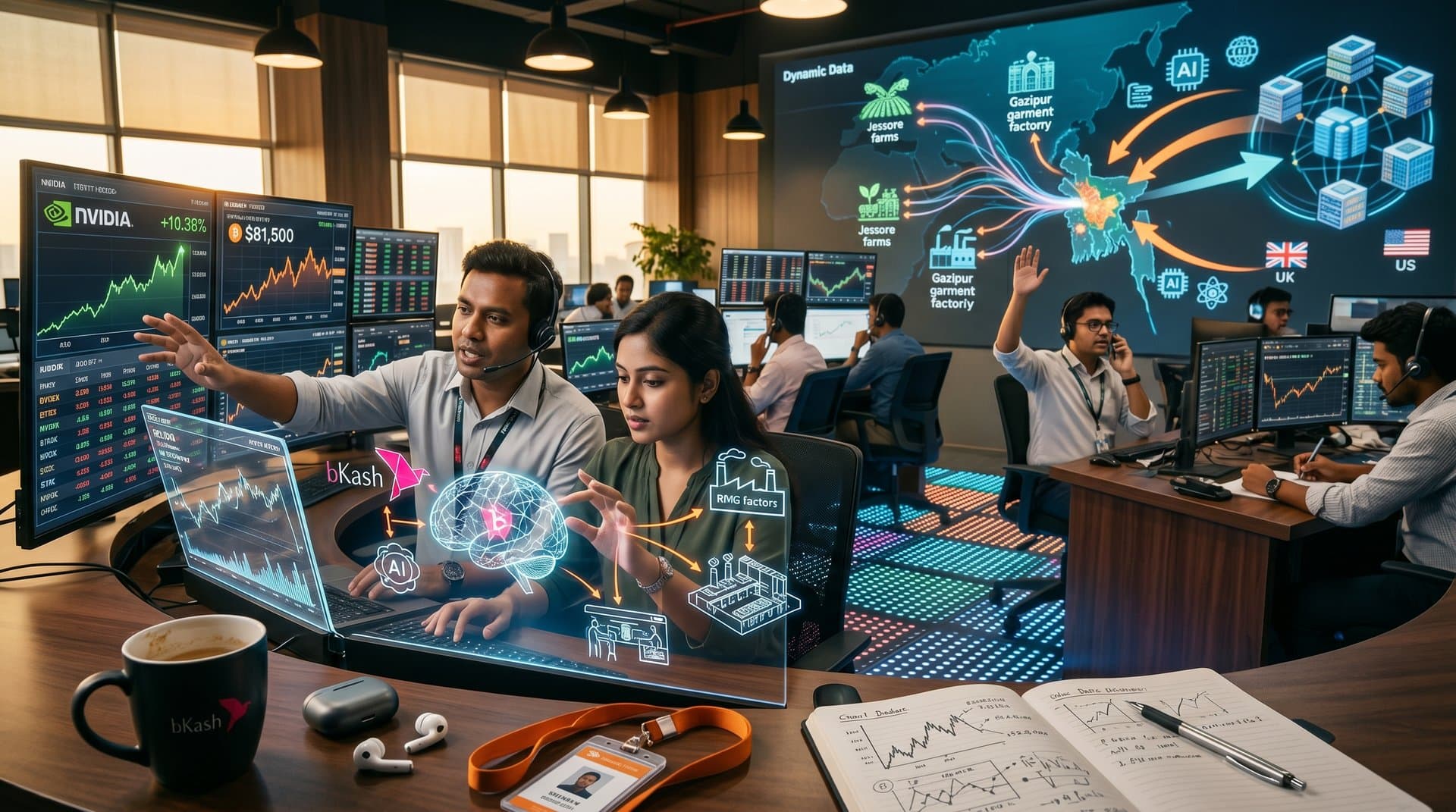 Nasdaq AI Rally dashboard with BTC charts and Bangladesh tech integrations in cyberpunk style
