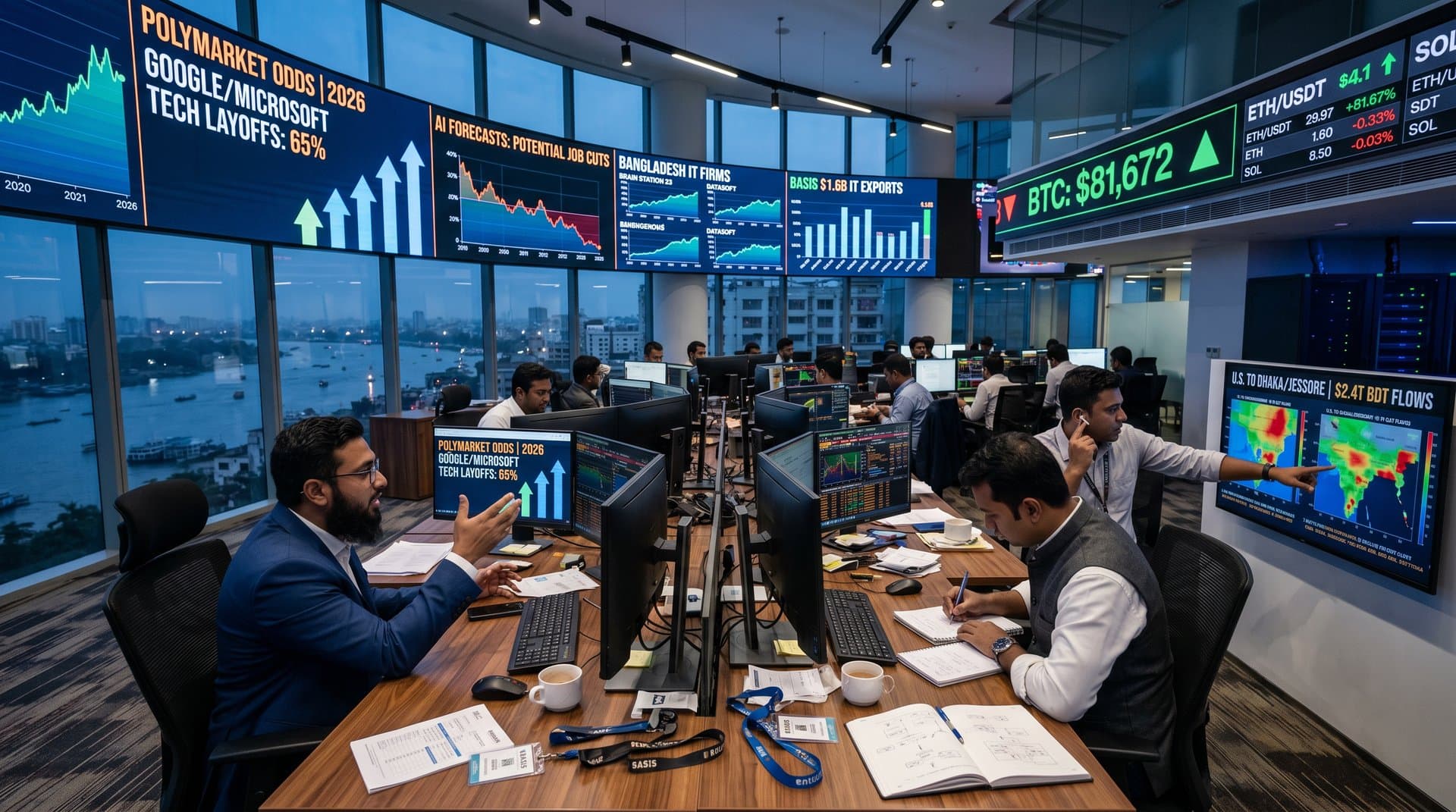 Traders at Bloomberg terminals monitor prediction markets, AI layoff charts, Bangladesh IT icons, and crypto prices in high-stakes finance atmosphere