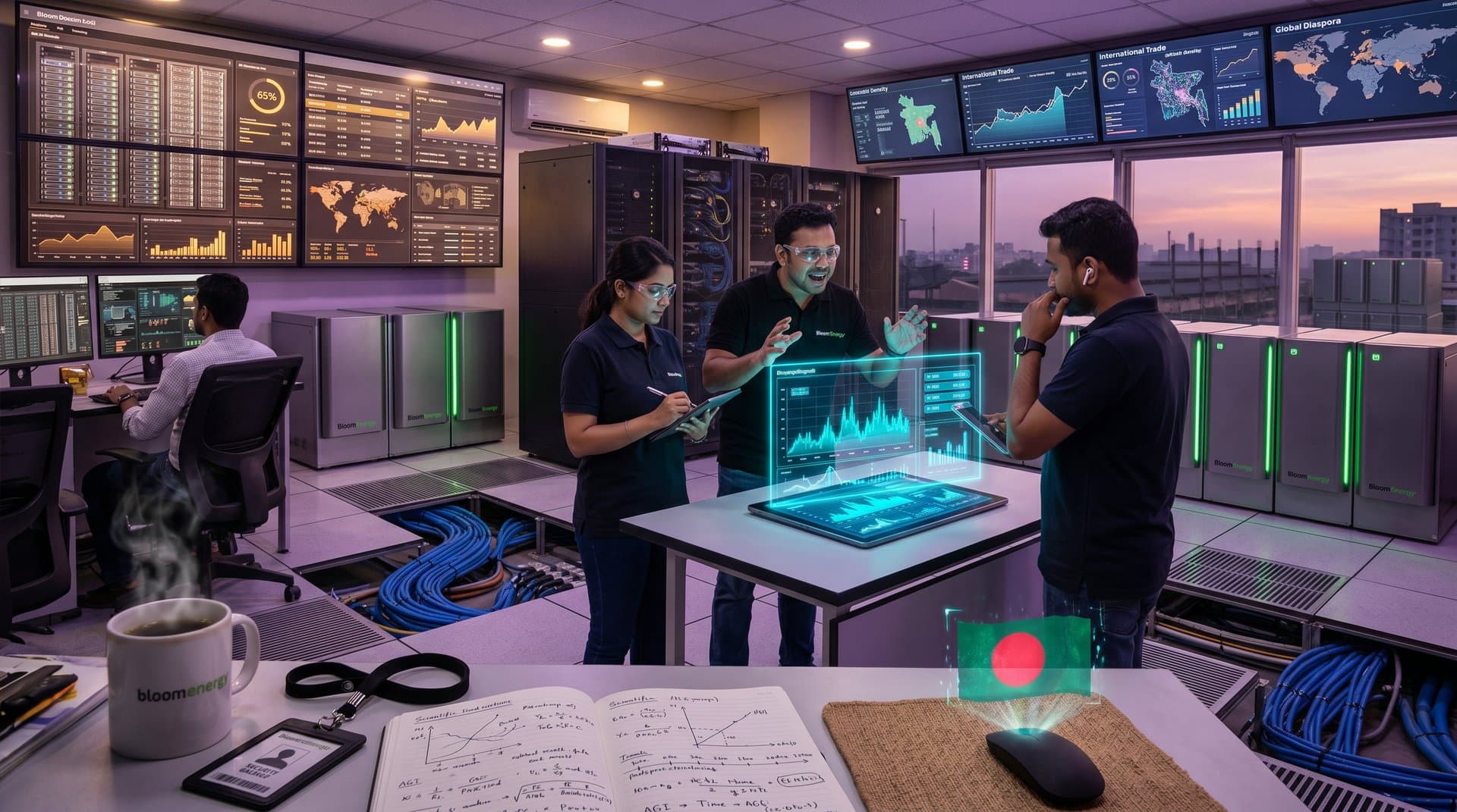Engineers in Bangladesh tech hub monitor AI servers powered by Bloom Energy fuel cells in advanced data center, spotlighting infrastructure opportunities