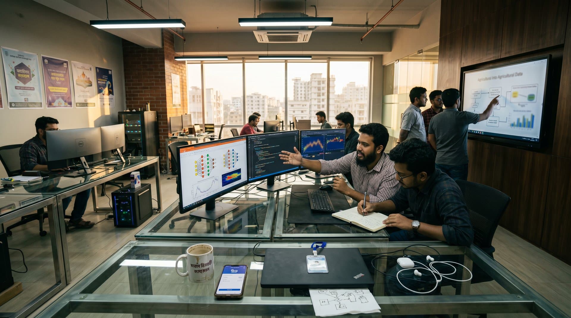 Dhaka tech hub developers working on AI projects with Nasdaq charts and bKash apps
