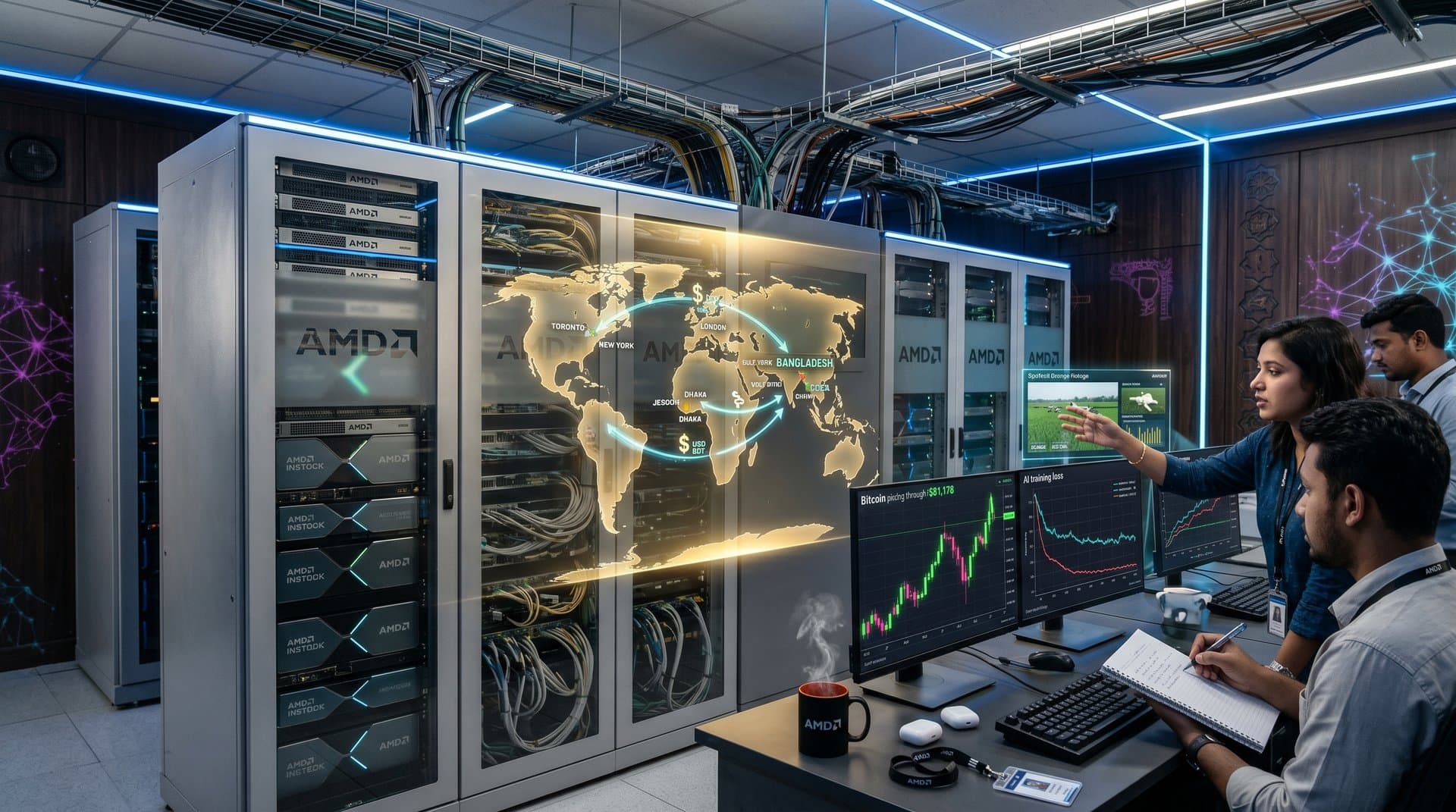 Glowing AMD GPU server racks in data center with Bangladesh tech hub maps, crypto charts, and AI neural networks