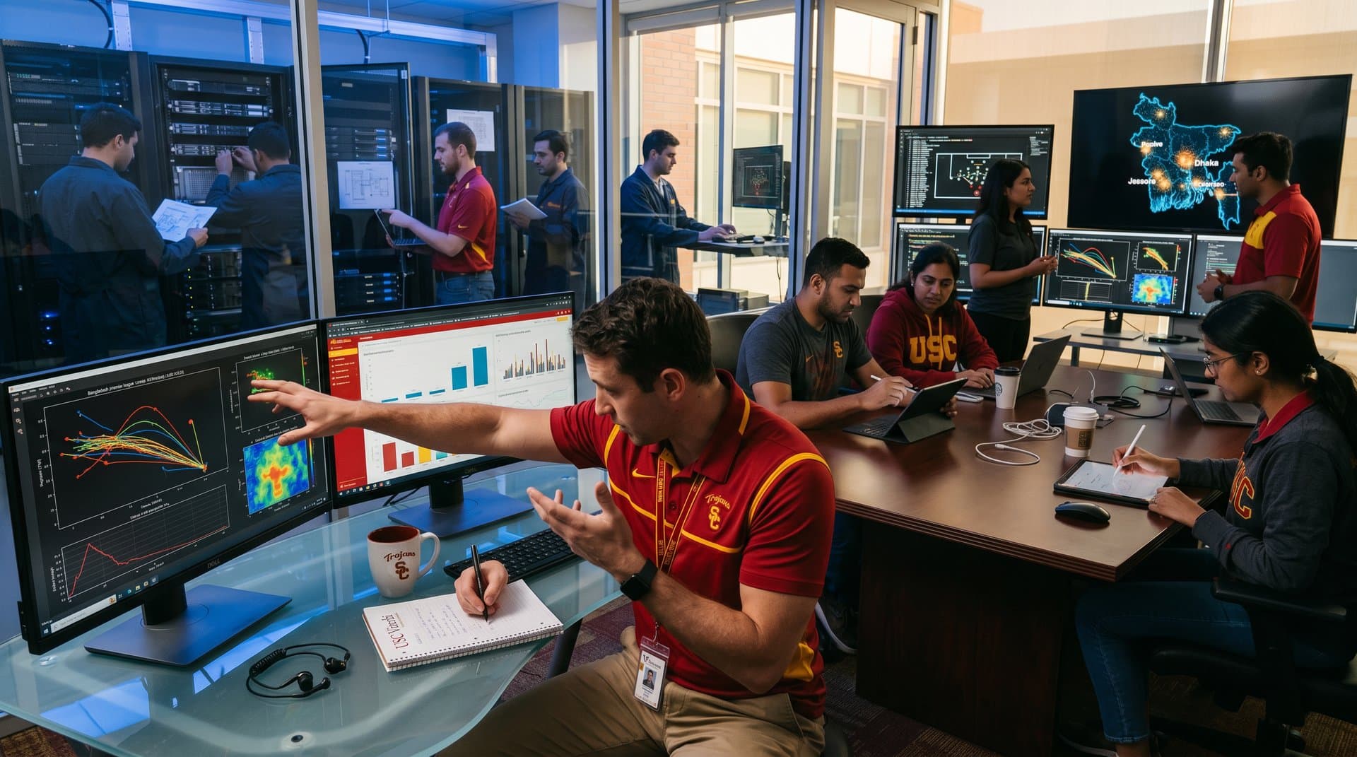 USC AI lab screens show sports analytics for cricket with Bangladesh tech hub maps