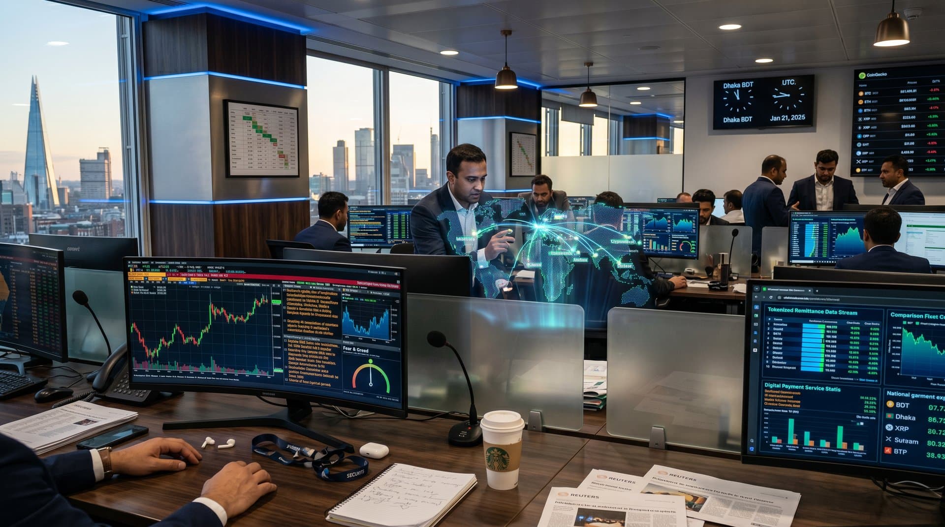Trading floor with Bloomberg terminals displaying BTC charts at $81k and Equiniti buyout news amid modern office elements