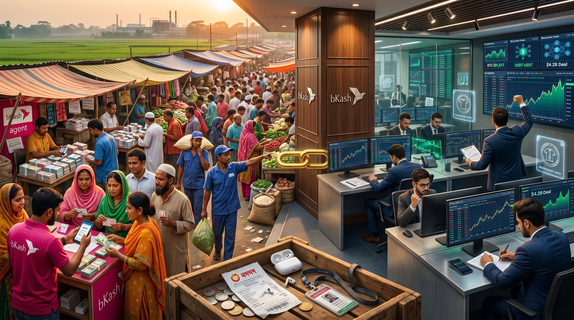 Abstract fintech fusion of Jessore remittances and Bullish Equiniti crypto trading dashboard with blockchain connections