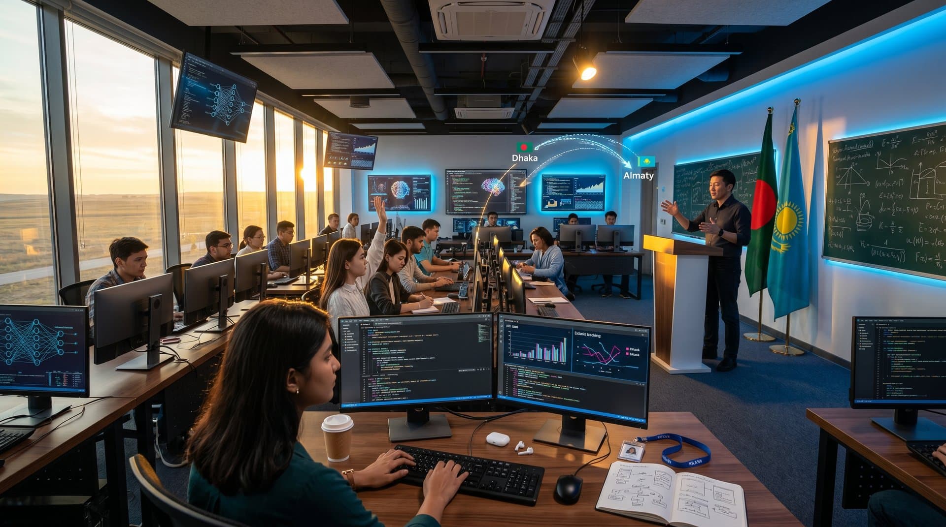 Kazakhstan AI academy interior with tech screens, flags, and regional data visualizations