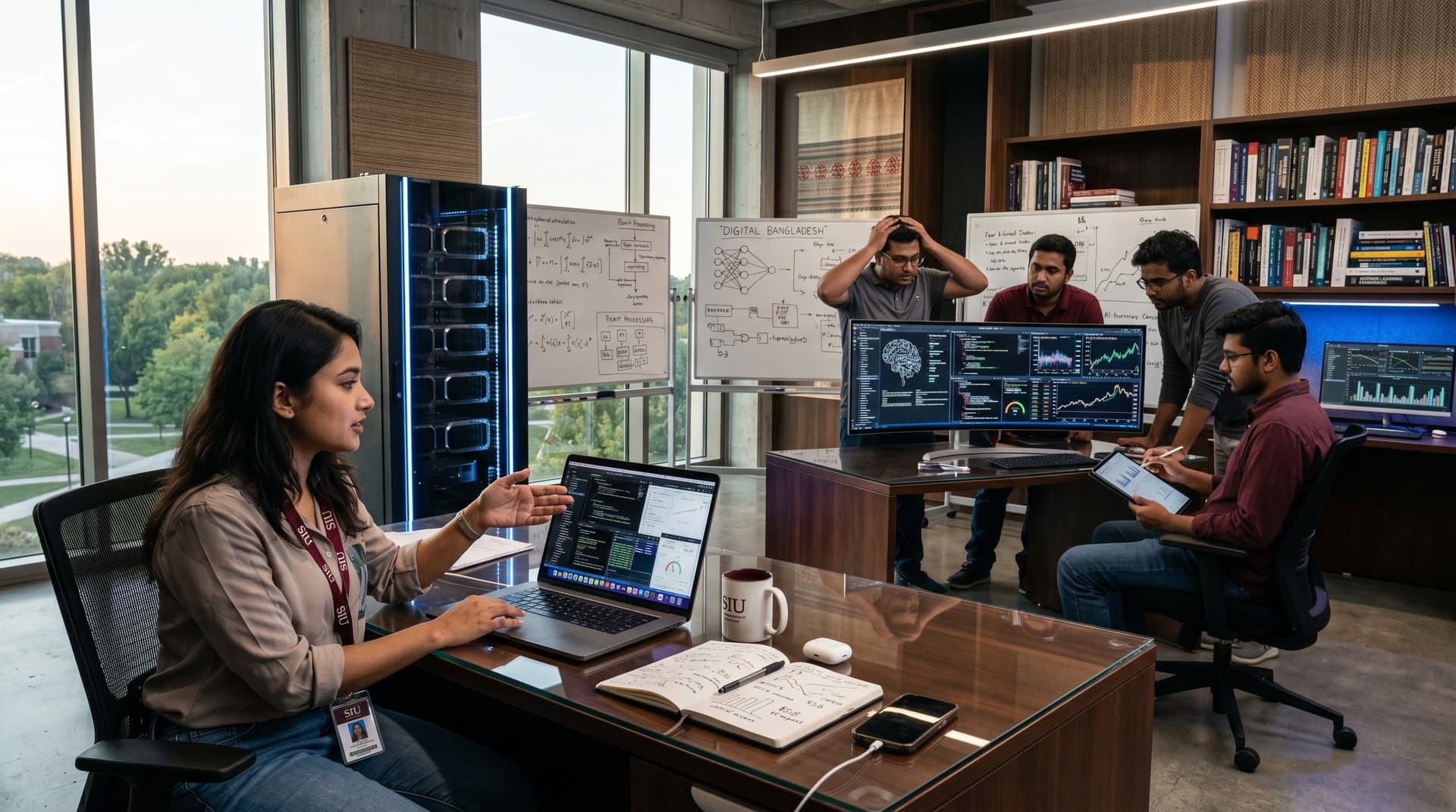 Engineers analyze AI models in university lab with monitors, desks, and server racks