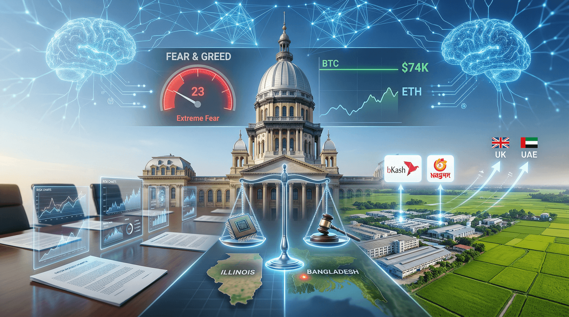 AI Regulation: Illinois Proposes Rules as Crypto Fear Hits 23, BTC $74K