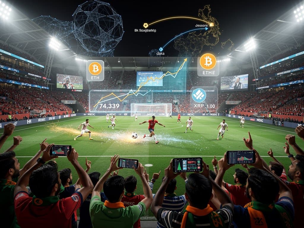 Holographic crypto charts overlay Champions League stadium in neon tech style
