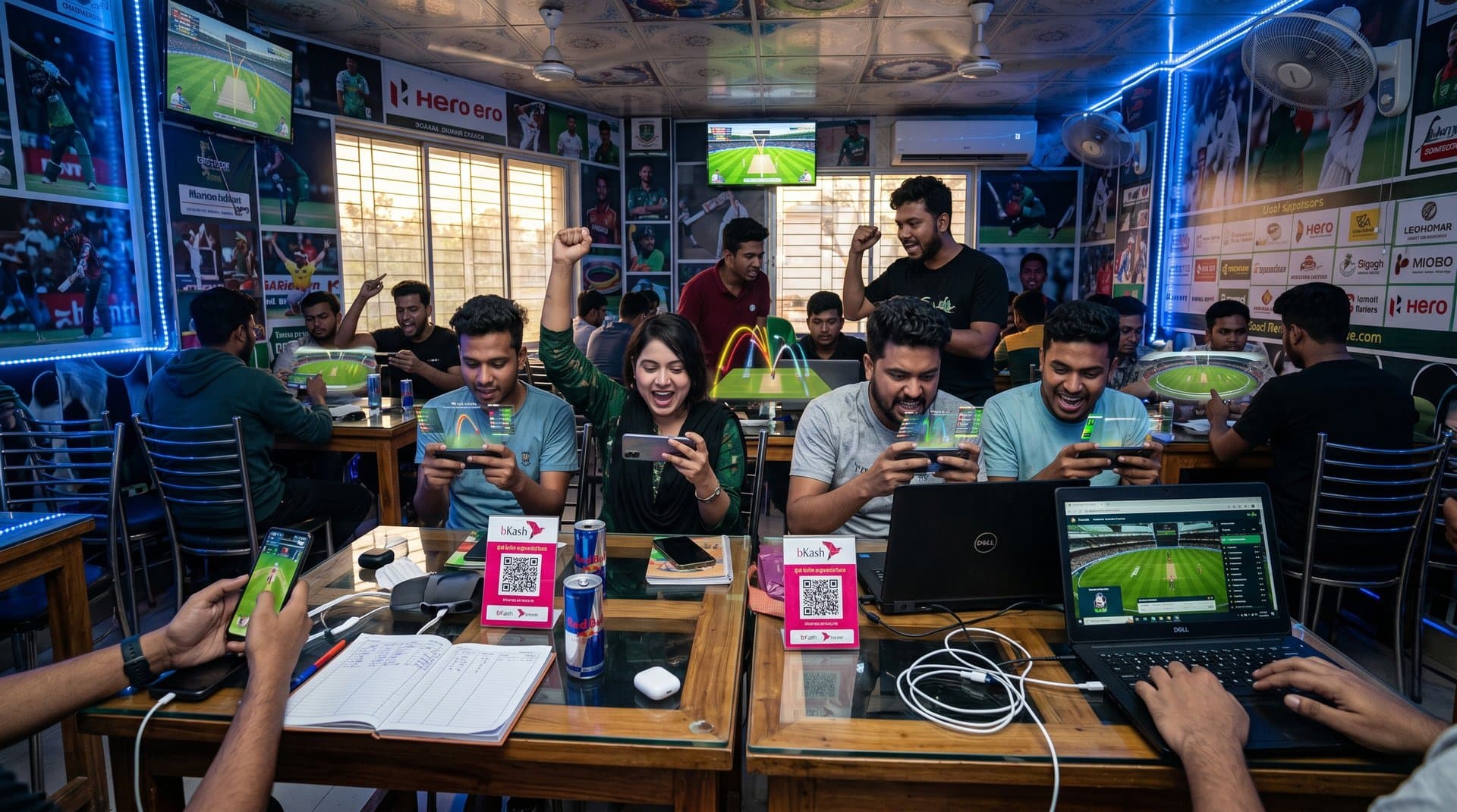 Jessore cyber cafe with Snapchat AR cricket holograms, glowing stats, and excited gamers in vibrant tech-finance infused gaming scene