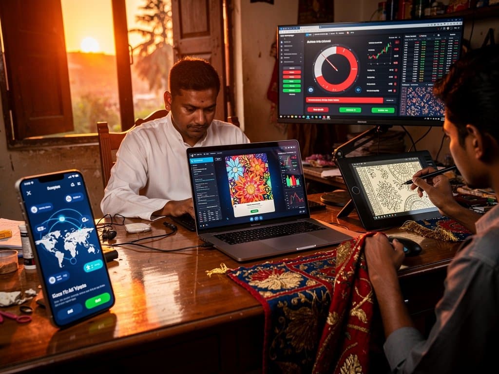 Bangladeshi artist's Jessore studio with NFT blockchain minting, AI Doc poster, and crypto Fear & Greed charts on screens amid digital sketches