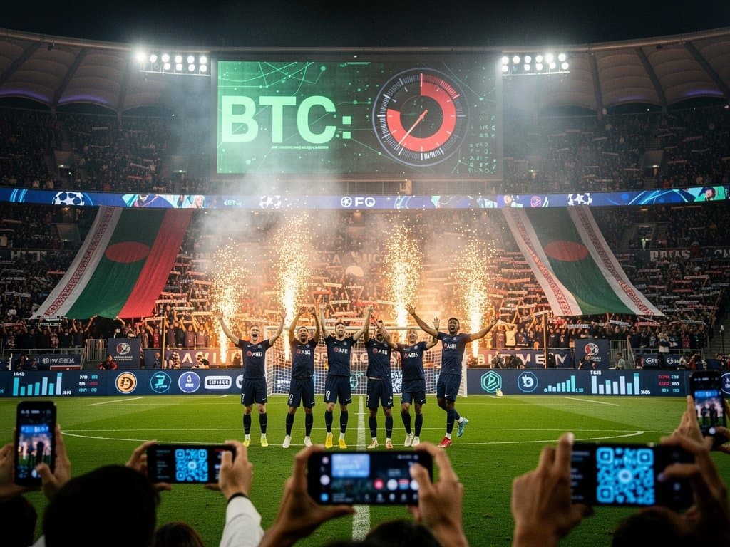 Champions League stadium scoreboard displays BTC $73,819 and crypto payments amid cheering fans