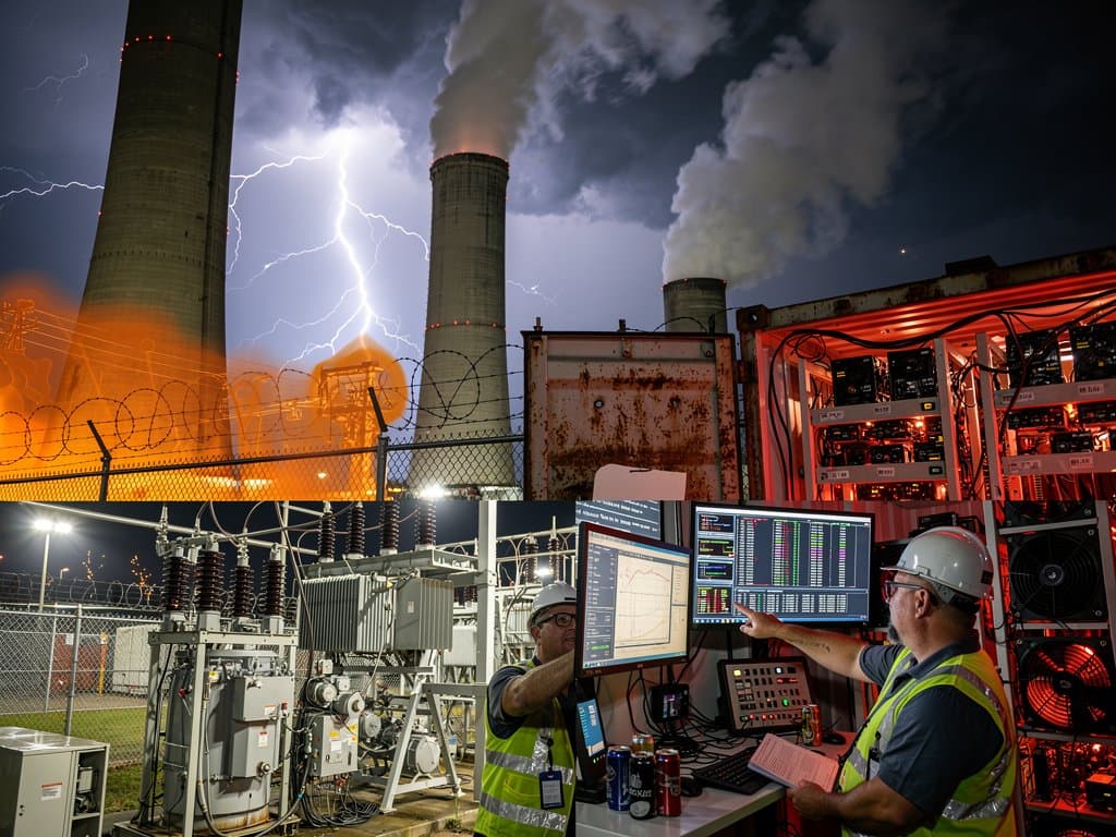 165MW power plant at night with hidden crypto mining rigs, energy spikes, and Jessore grid blackout risks