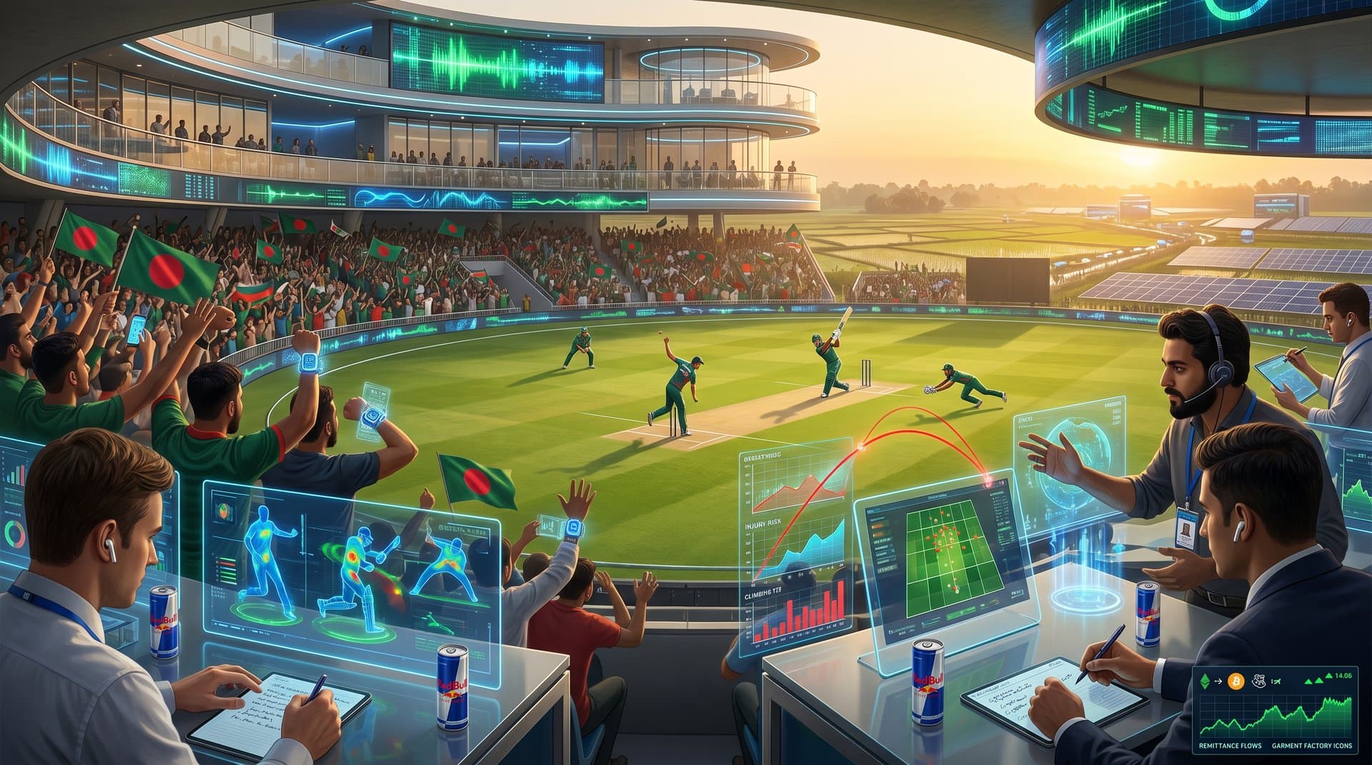 AI sports analytics holograms over Bangladesh cricket stadium in Jessore with heatmaps and trajectories