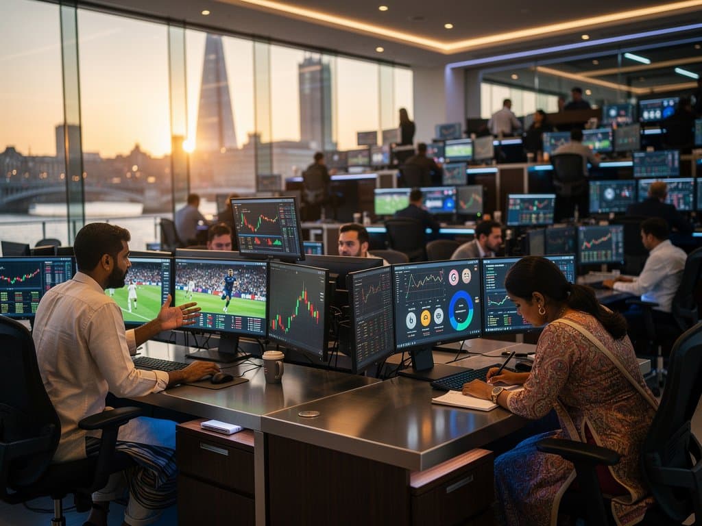 Traders analyze Champions League cryptocurrency payments and BTC charts in a high-tech London finance room