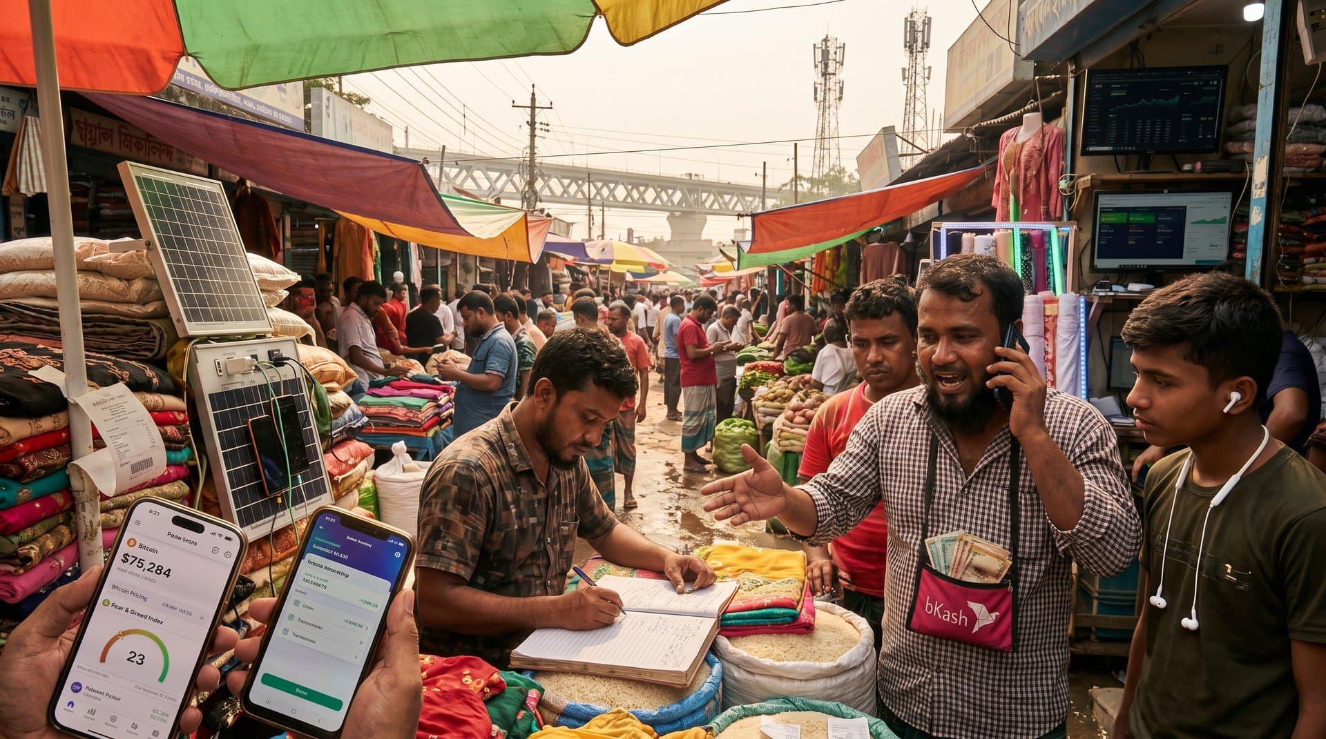 Jessore market screens show BTC at $75K, Fear & Greed 23, bKash remittances amid garment trade and Padma Bridge