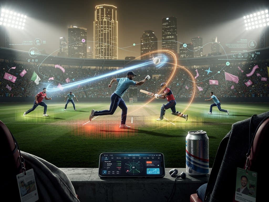AI analytics overlays on Dhaka cricket stadium pitch with ball trajectories and heatmaps amid city skyline