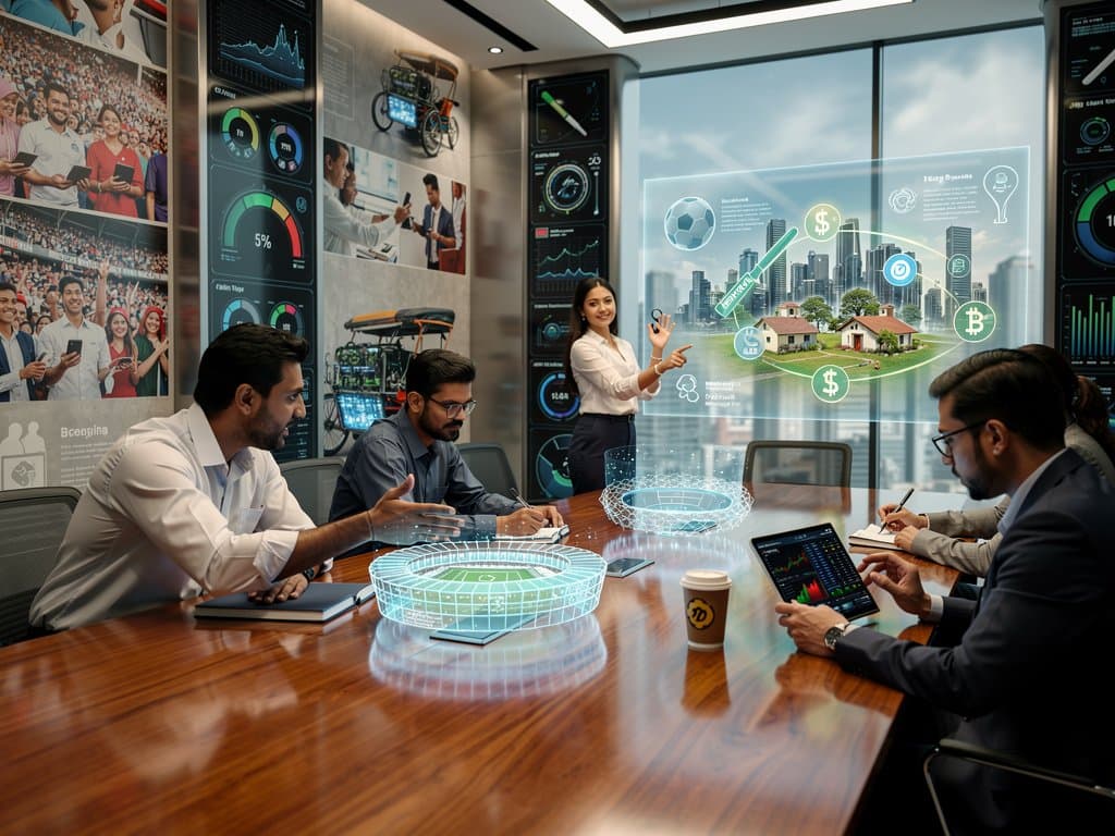 High-tech room with screens showing Champions League crypto charts, BTC prices, sports tech, and Bangladesh remittance visuals