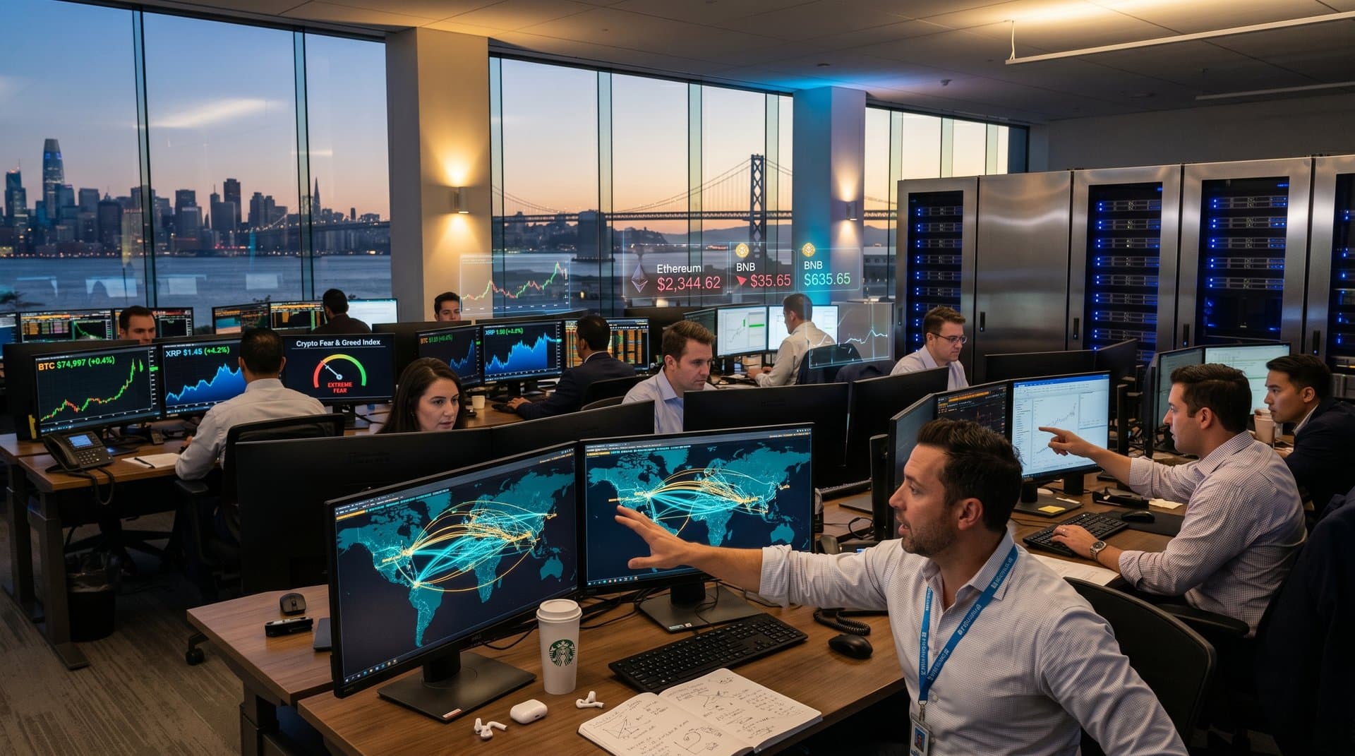 Crypto charts on Bloomberg terminals show BTC at $74,997 and Fear & Greed at 21 in modern Schwab fintech trading environment