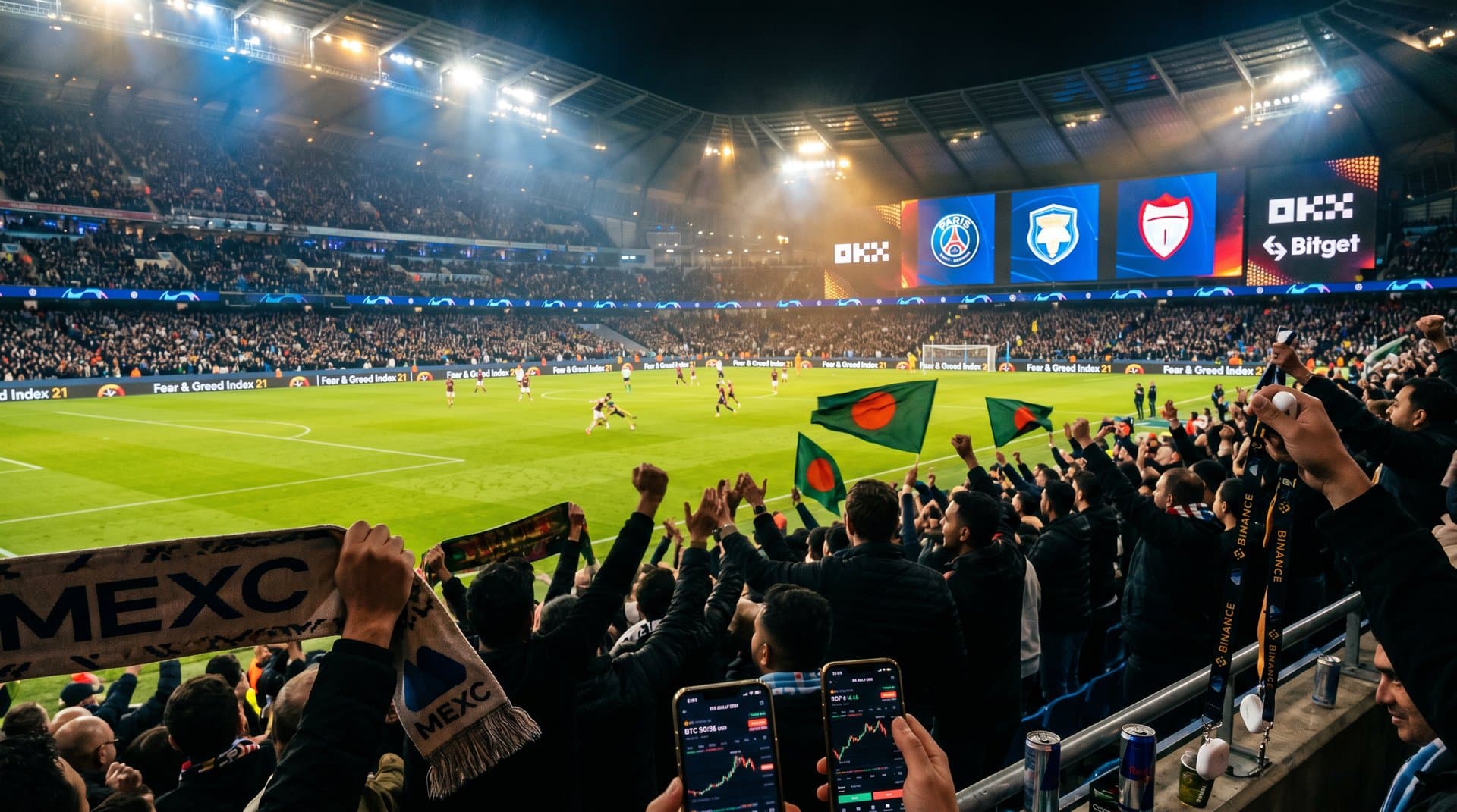 Champions League stadium with crypto QR payment scanners, mobile wallets showing BTC at $75,016, Bangladesh flags, and blockchain overlays in tech-finance vibe