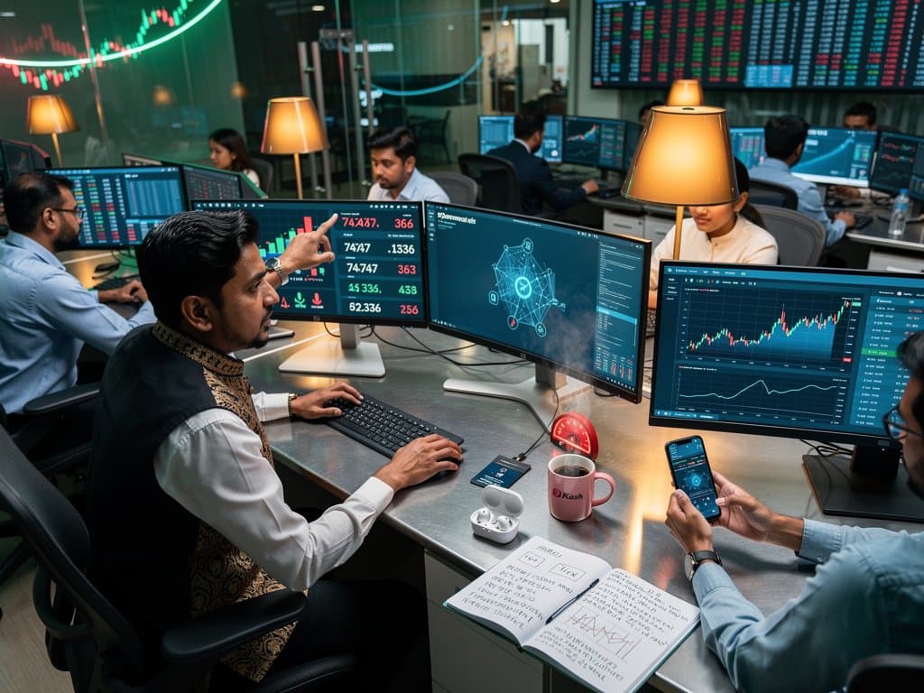 Traders monitor Polymarket Biden pardons odds, crypto prices, and Fear & Greed index on advanced multi-screen trading desks in a vibrant financial hub