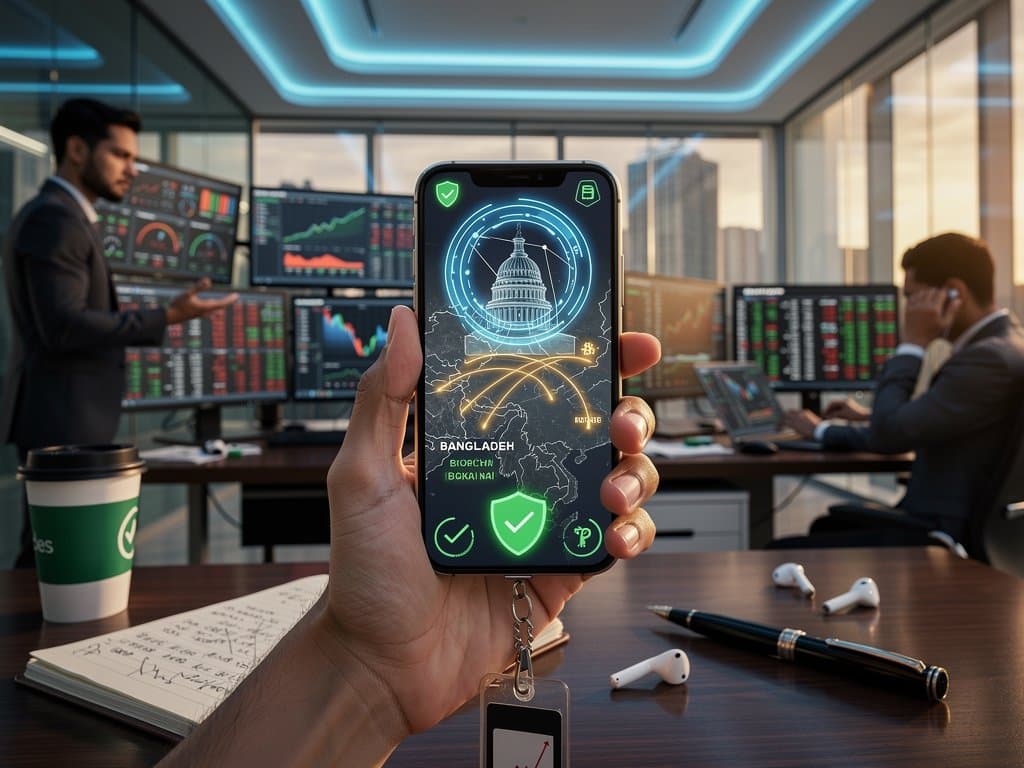 Smartphone displaying on-device AI age verification interface with biometrics, privacy shields, US Capitol, Bangladesh map, remittance flows, and crypto Fear & Greed Index at 21 in neon cyber tech sty