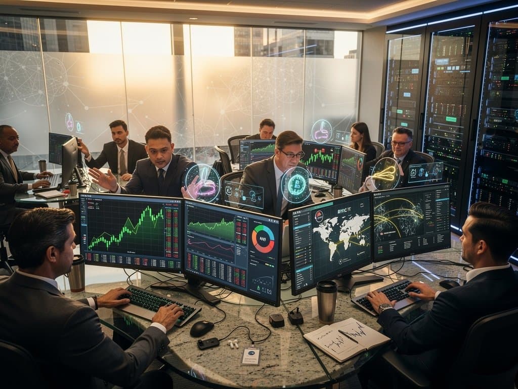 Charles Schwab trading floor with monitors showing crypto prices like BTC $74,663, ETH charts, and Fear & Greed Index in modern office