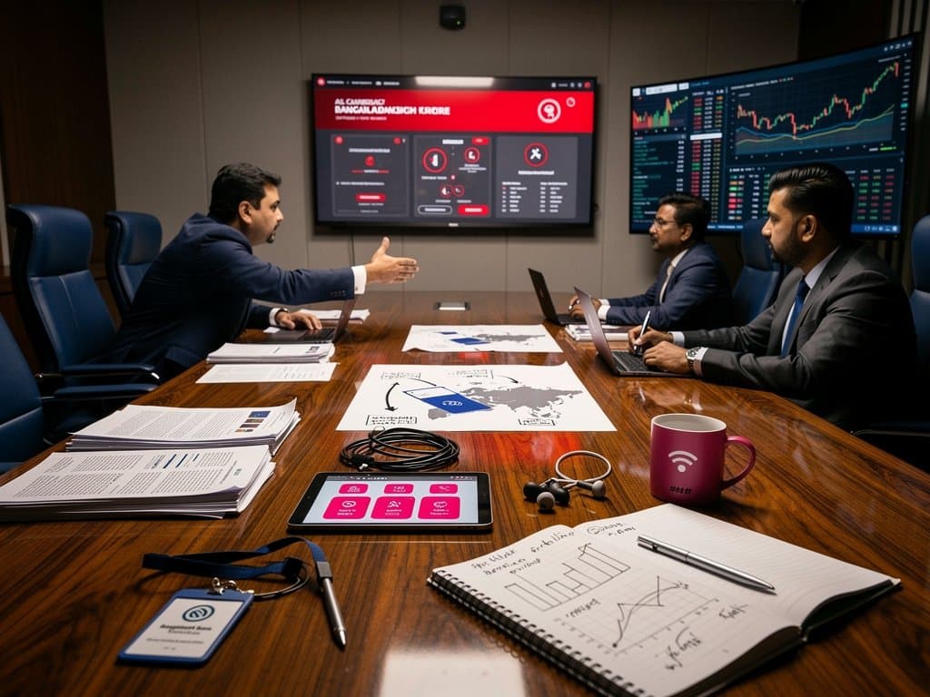Bangladesh Bank boardroom displaying Mythos AI charts, crypto tickers at $75,099 BTC, and Fear & Greed at 21 in tense finance meeting