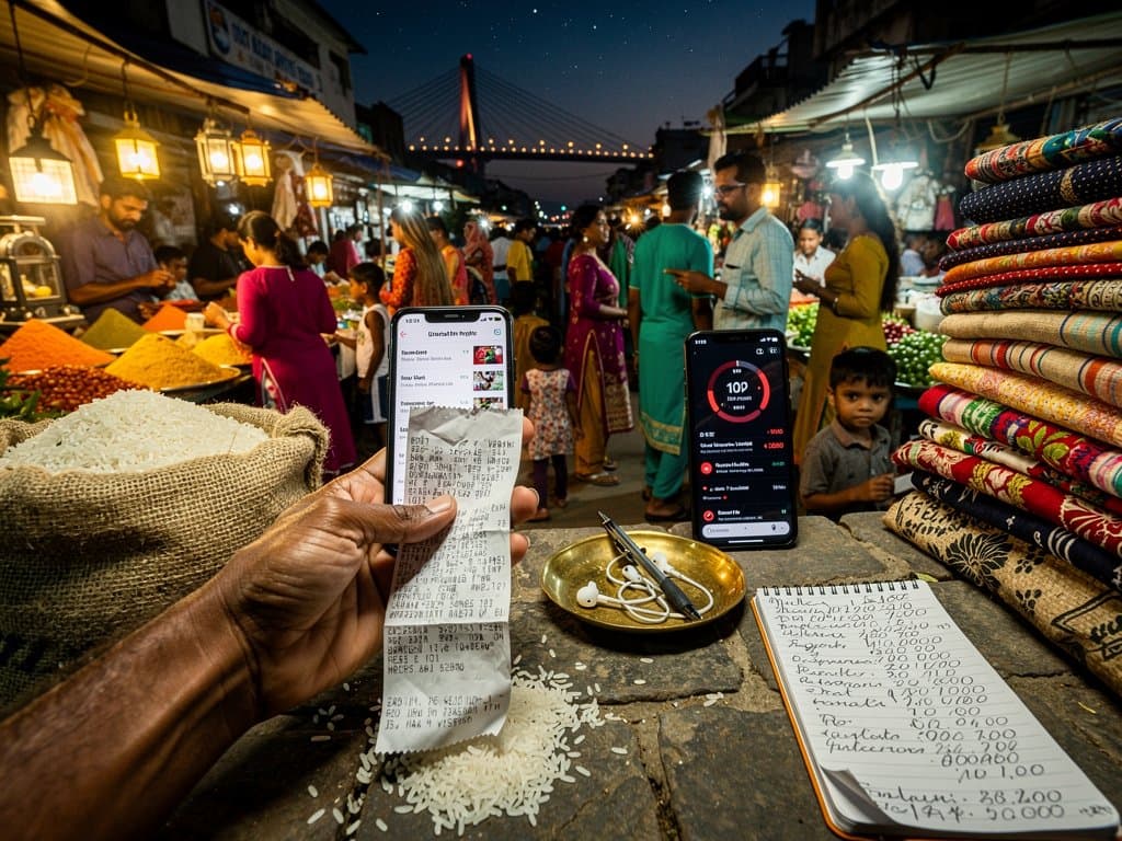 Jessore market vendors check bKash and crypto amid AI misinformation holograms, Padma Bridge background