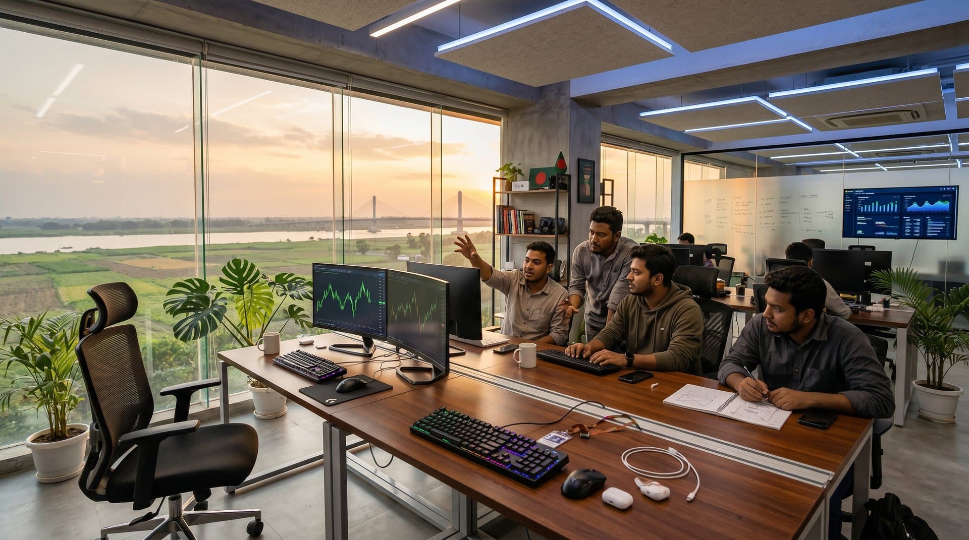 Fintech developers in Jessore office analyze investments, digital payments, and crypto charts with river view