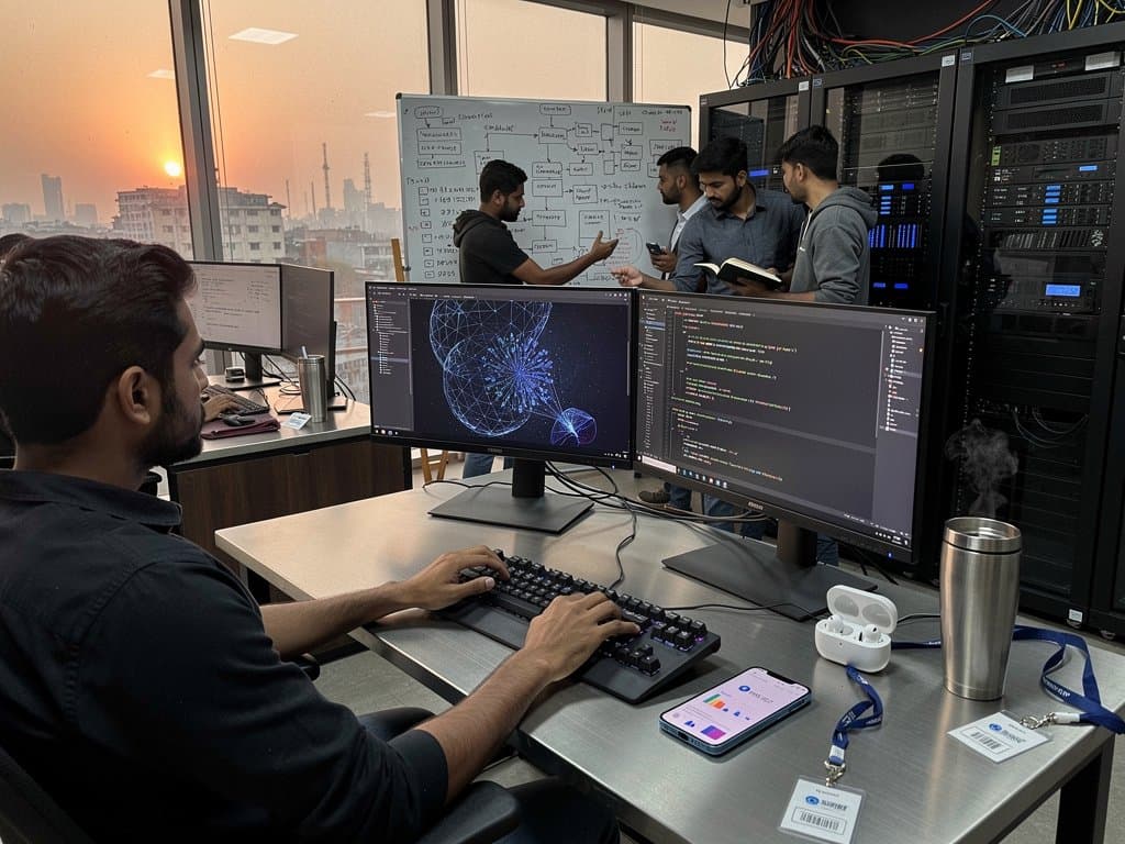 Dhaka developers analyze AI deepfakes in tech office with blockchain tools and Jessore skyline