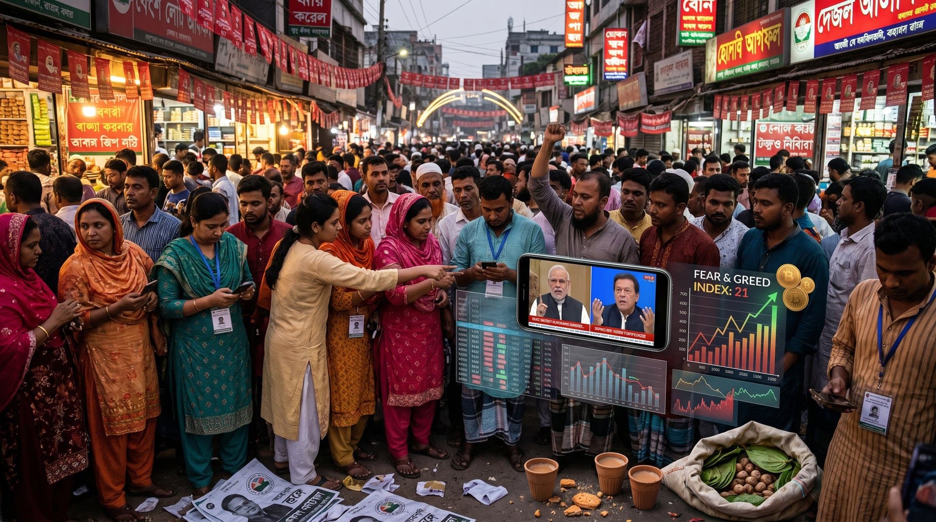 Jessore election market with deepfake smartphones and blockchain overlays amid crypto charts