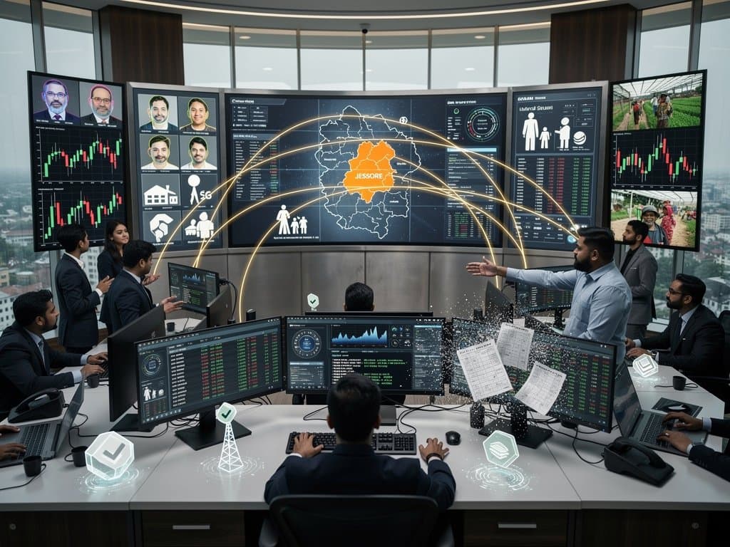 Digital collage of deepfakes over Bangladesh map with crypto charts and blockchain defenses