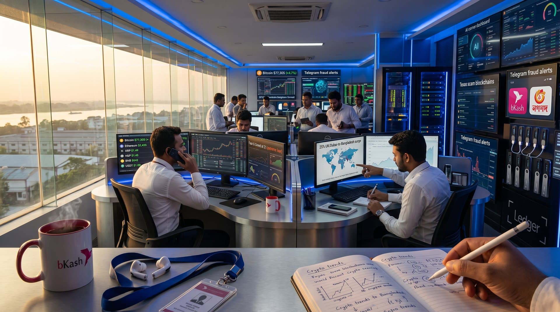 Trading floor monitors showing Bitcoin at $77,305, Fear & Greed at 21, remittance maps to Bangladesh, and crypto scam alerts
