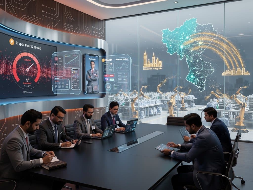 Holographic AI networks over Bangladesh map with crypto index, election ballots, bKash apps, and RMG robots in futuristic Dhaka scene