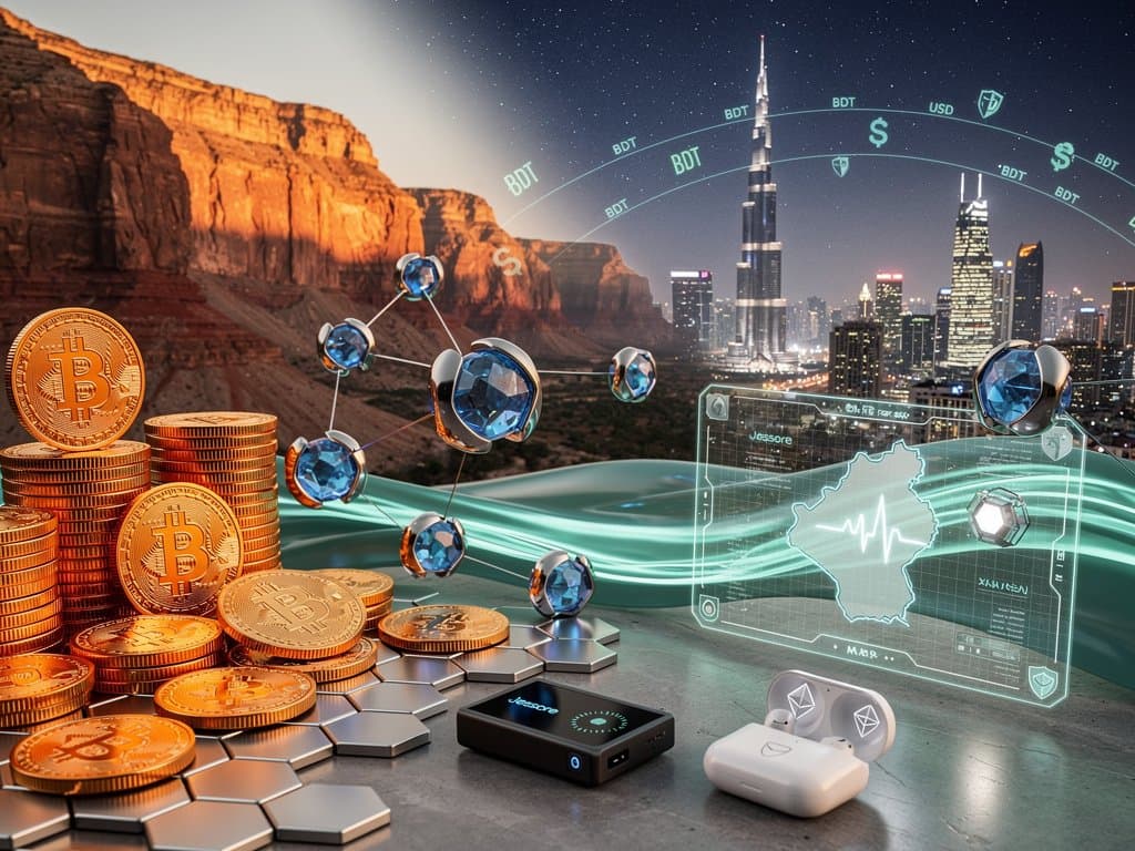 Blockchain network connecting Utah regulations to Bangladesh remittance flows with crypto charts and protective shields