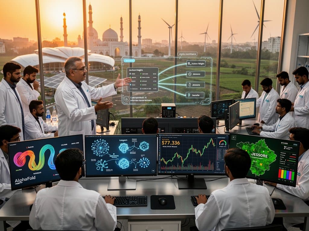 Monitors displaying AI models, BTC $77K charts, Bangladesh Jessore tech maps in innovative lab