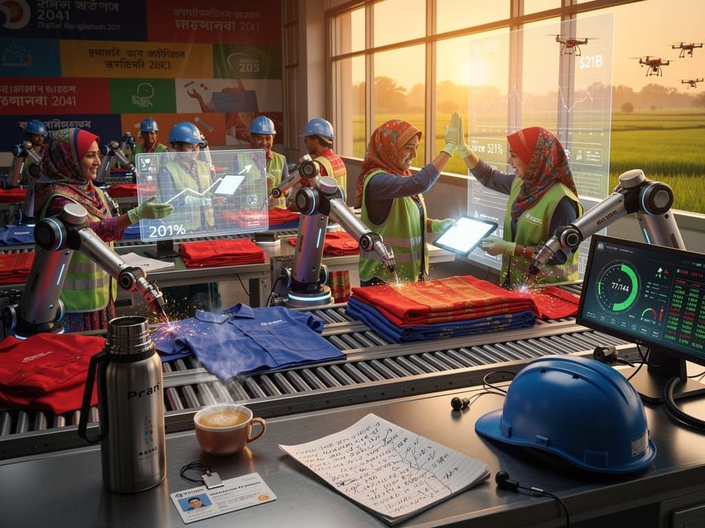 AI robots and workers in Bangladesh RMG factory near Jessore with tech dashboards and remittance charts