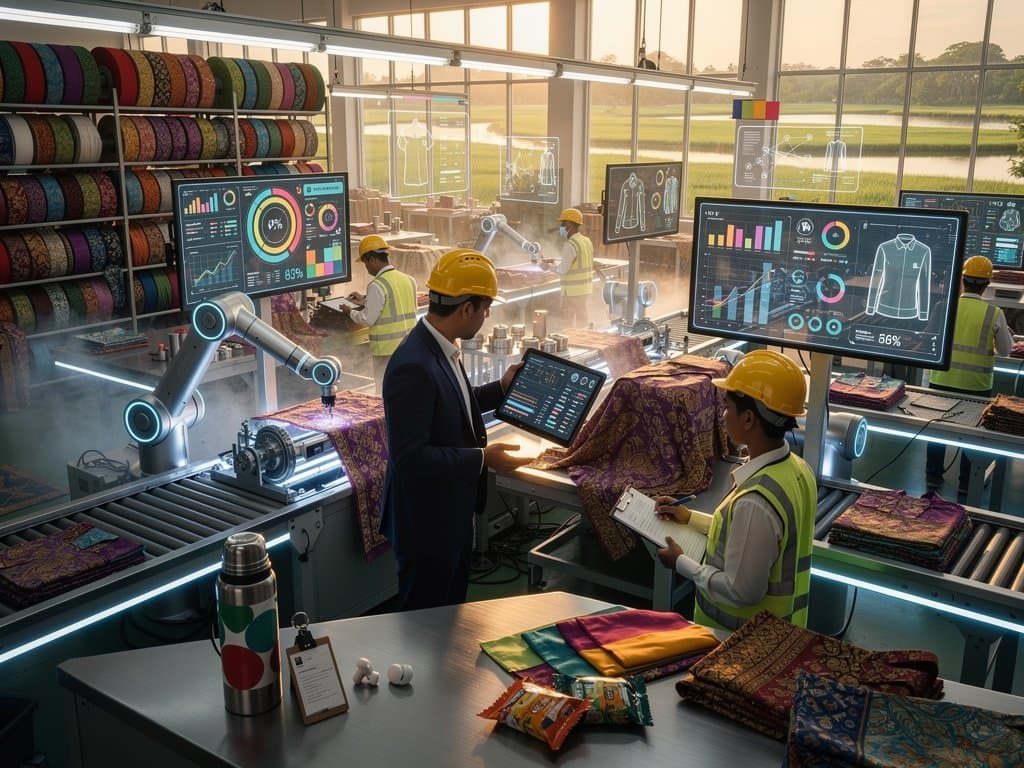 AI robots automate sewing in Jessore RMG factory with workers monitoring screens