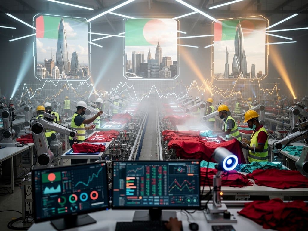 AI robots automate RMG production in Jessore factory with global remittance graphics and crypto overlays