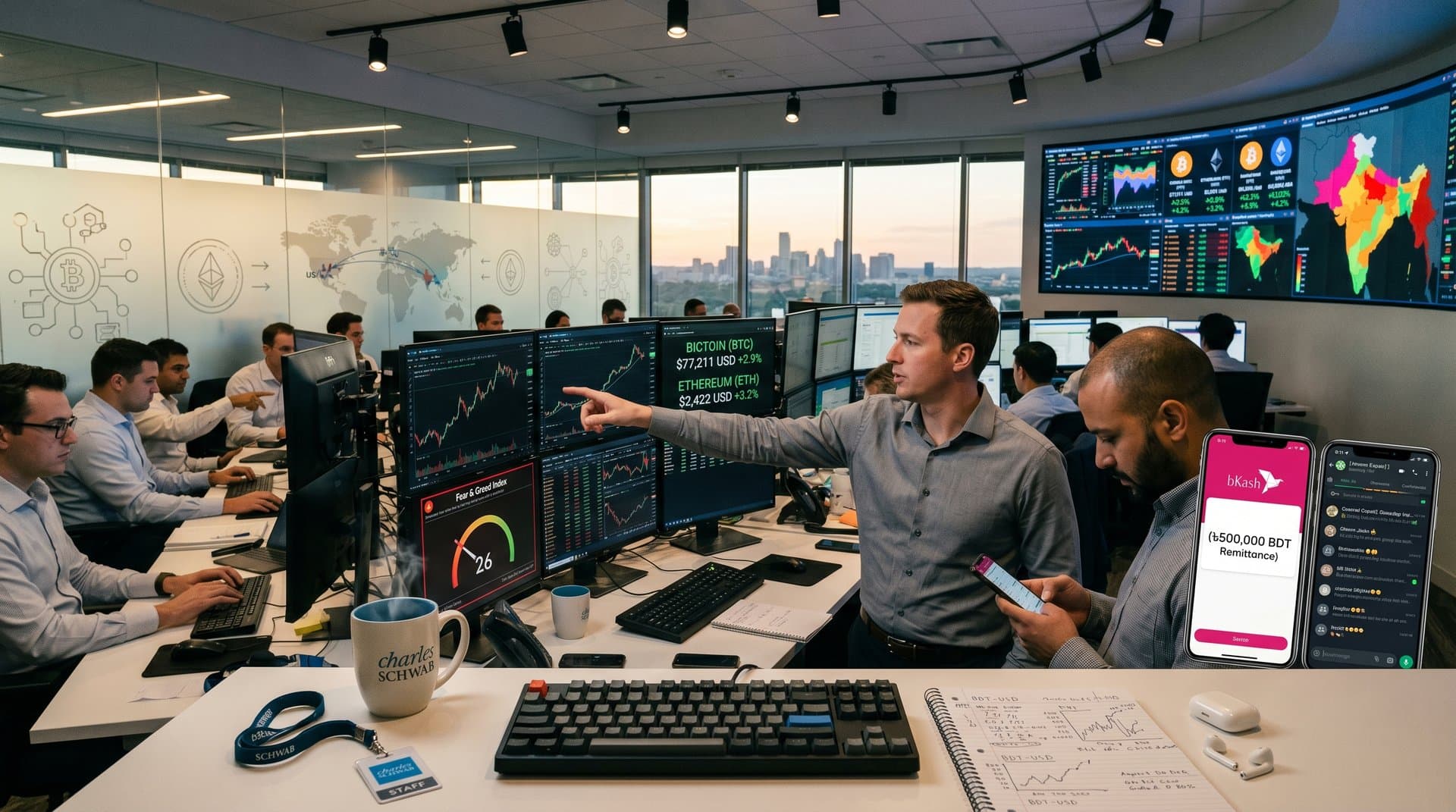 Traders at Schwab Austin floor watch BTC ETH surges on Bloomberg screens amid coffee mugs and multi-monitors